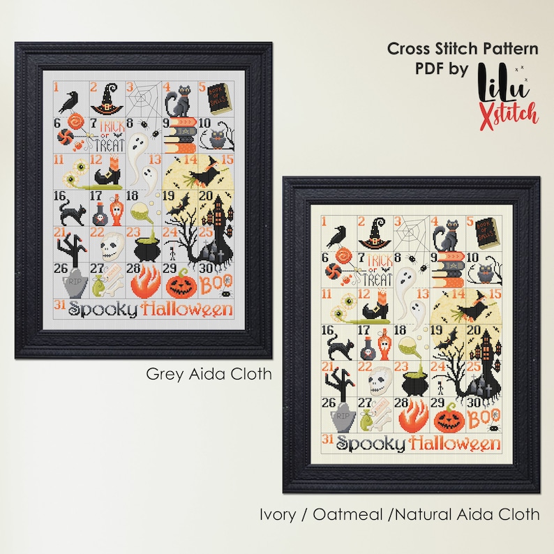 Pu&ograve; includere: Uno schema di punto croce per un calendario di Halloween spettrale con 31 diverse immagini a tema Halloween. Lo schema &egrave; disponibile in due varianti di colore: grigio e avorio/avena. Lo schema &egrave; intitolato "Spooky Halloween" e include una variet&agrave; di immagini come un gatto nero, un fantasma, una zucca, una strega e un teschio.