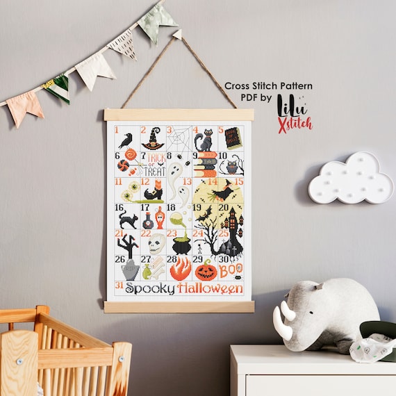 Halloween Calendar Cross Stitch Pattern, Spooky Embroidery (PDF Pattern)