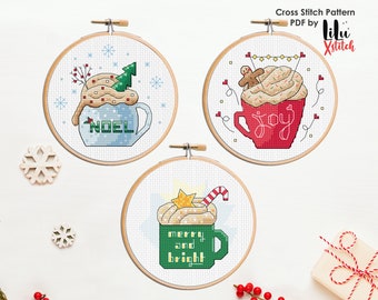 Christmas Cross Stitch Pattern SET. New Year Mugs, cozy winter cup of coffee. Easy cross-stitch chart for beginners. INSTANT DOWNLOAD Pdf