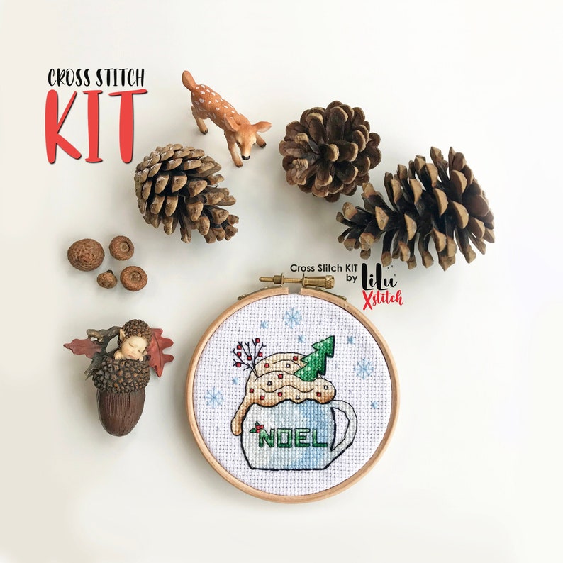 Kreuzstich KIT Noel Tasse. Weihnachtliches DIY Bastelwerk. Tasse Kaffeemuster. Einfaches Kreuzstichset Geschenk für Anfänger mit gezählter XSTITCH Karte Bild 7