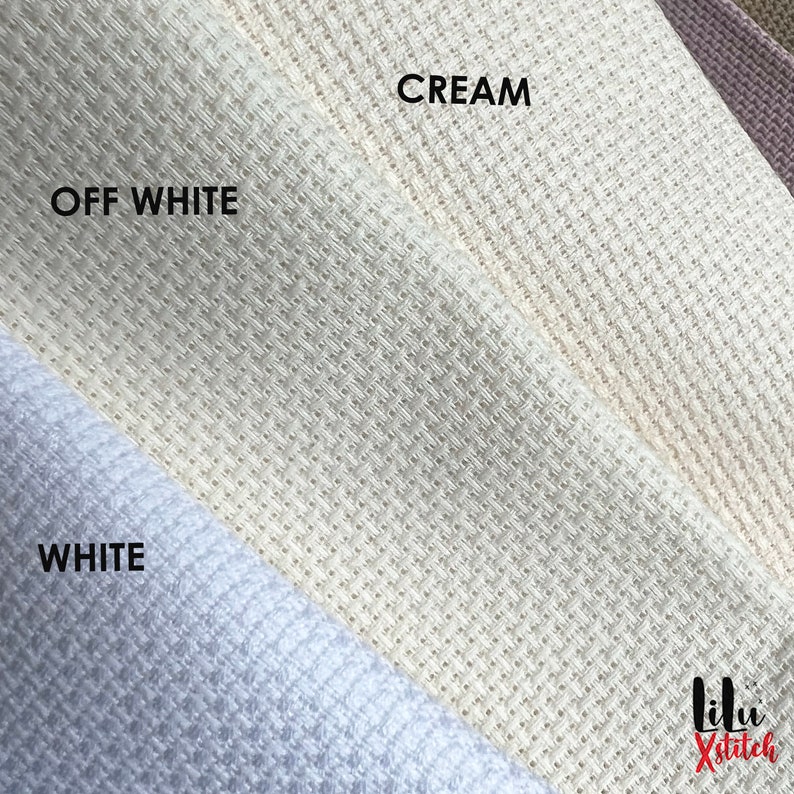May include: Close-up of three fabric swatches in white, off-white, and cream. The fabric has a textured weave. The swatches are labeled "WHITE", "OFF WHITE", and "CREAM".