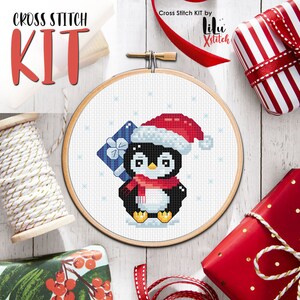 Cross Stitch KIT Christmas Penguin with Gift Box. Happy New Year gift DIY Craft. Noel present Cross-stitch kit for beginners. Easy chart image 8