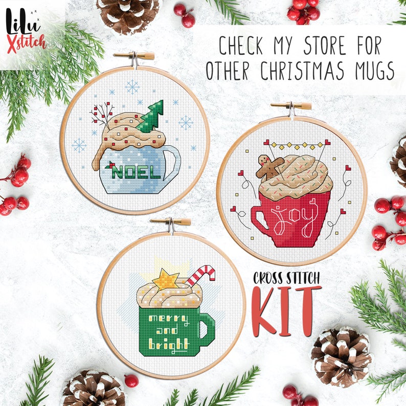 Kreuzstich KIT Noel Tasse. Weihnachtliches DIY Bastelwerk. Tasse Kaffeemuster. Einfaches Kreuzstichset Geschenk für Anfänger mit gezählter XSTITCH Karte Bild 9