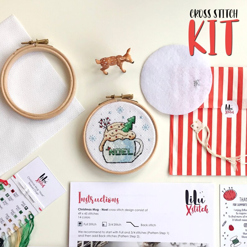 Kreuzstich KIT Noel Tasse. Weihnachtliches DIY Bastelwerk. Tasse Kaffeemuster. Einfaches Kreuzstichset Geschenk für Anfänger mit gezählter XSTITCH Karte Bild 2