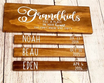 Grandkids fill a place in your heart Solid wood sign decor- customize names and birthdays- great or grandparent gift- wooden wall decor