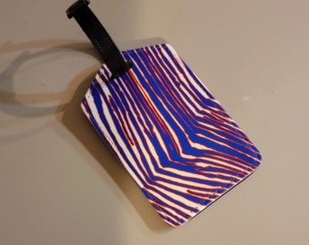 leather luggage tag- blue and red zubaz print - 4"×2.5" - SHIPS FREE