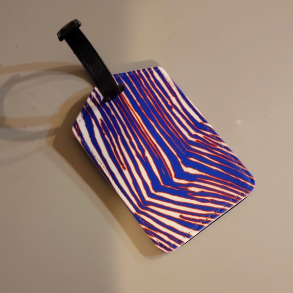 leather luggage tag- blue and red zubaz print - 4"×2.5" - SHIPS FREE