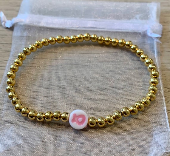 Pink Awareness Ribbon Gold Beaded Bracelet