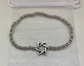 Star of David Antique Silver 3mm Round Beaded Bracelet