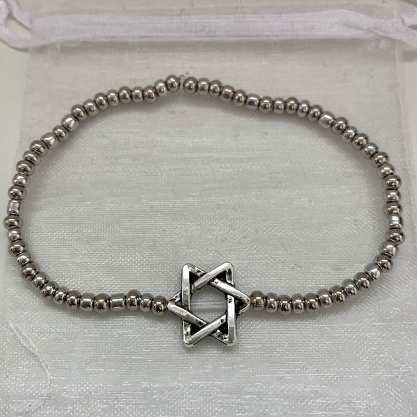 Star of David Antique Silver 3mm Round Beaded Bracelet