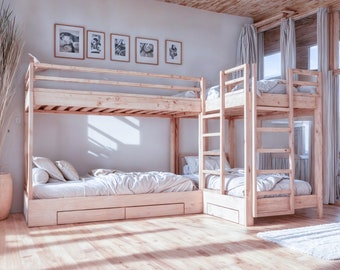 4-in-1 Doppel-Etagenbett mit Aufbewahrung: DIY-Pläne und Animation