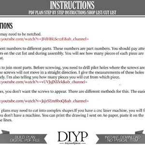 Puede incluir: Instrucciones para construir un proyecto de bricolaje. Las instrucciones incluyen una lista de materiales, una lista de corte e instrucciones paso a paso. Las instrucciones tambi&eacute;n incluyen enlaces a videos de YouTube para obtener ayuda adicional.