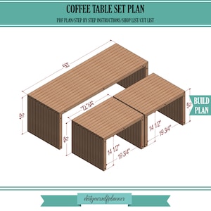 Puede incluir: Diagrama de un plan de conjunto de mesa de caf&eacute; con medidas en pulgadas. El plan muestra una mesa rectangular grande con una mesa rectangular m&aacute;s peque&ntilde;a unida a un lado. Las mesas son de madera y tienen un color marr&oacute;n claro.