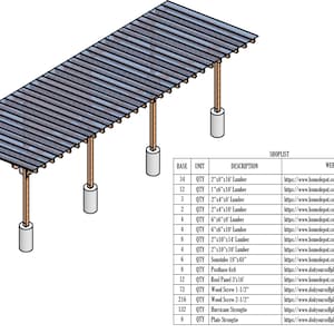 May include: A diagram of a wooden pergola with a gray roof. The pergola is supported by four wooden posts and has a concrete base. The diagram includes a shopping list with the quantity, unit, description, and weblink for each item needed to build the pergola.