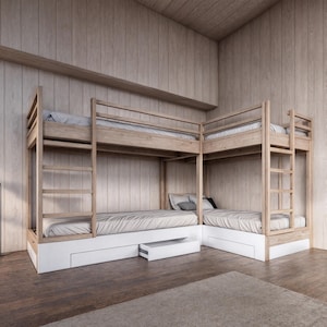 May include: A wooden bunk bed with two sets of bunks, each with a white mattress and a white drawer underneath. The bed is made of natural wood and has a simple, modern design.
