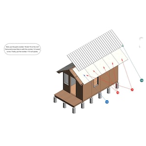 May include: A 3D illustration of a small house with a metal roof. The roof is made up of 113 individual panels, which are attached to the roof frame with 78 screws. The house is supported by 6 posts, which are attached to the foundation with 79 screws.