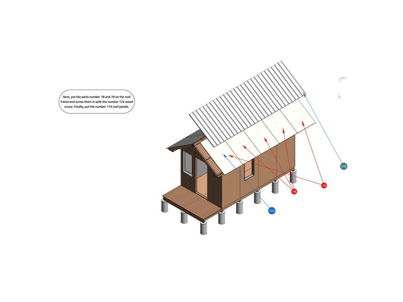 May include: A 3D illustration of a small house with a metal roof. The roof is made up of 113 individual panels, which are attached to the roof frame with 78 screws. The house is supported by 6 posts, which are attached to the foundation with 79 screws.