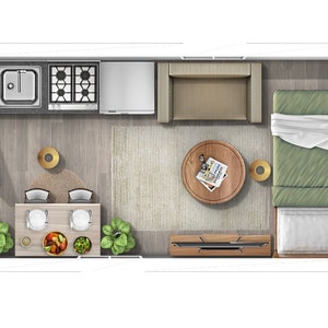 May include: Top-down view of a small apartment layout with a kitchen, living room, and bedroom. The kitchen features a sink, stovetop, and refrigerator. The living room has a sofa, coffee table, and rug. The bedroom has a bed with a green headboard and a white blanket.