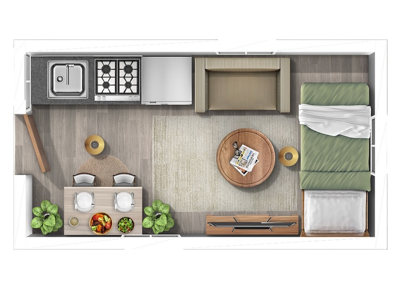 May include: Top-down view of a small apartment layout with a kitchen, living room, and bedroom. The kitchen features a sink, stovetop, and refrigerator. The living room has a sofa, coffee table, and rug. The bedroom has a bed with a green headboard and a white blanket.