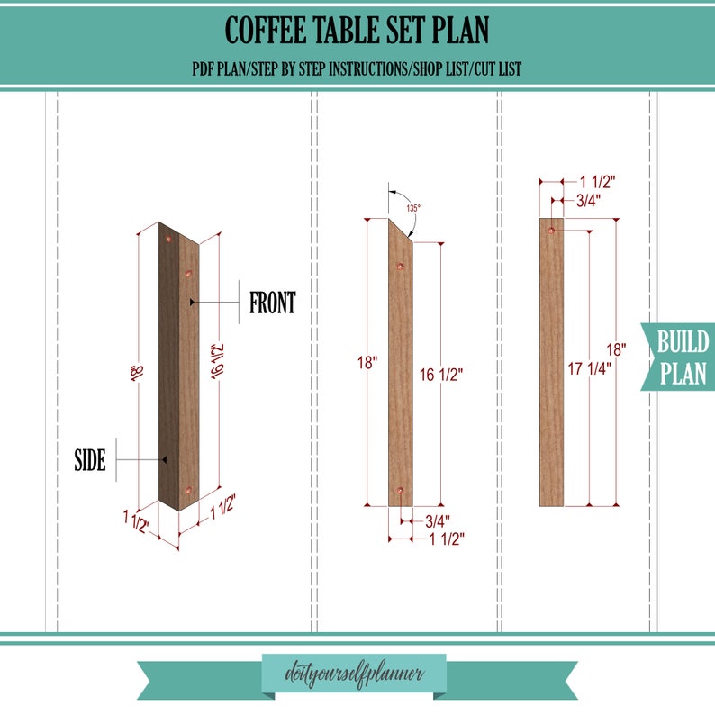 Puede incluir: Diagrama que muestra las dimensiones de una pata de mesa de caf&eacute;. La pata tiene 18 pulgadas de alto, 1 1/2 pulgadas de ancho y 16 1/2 pulgadas de largo. El diagrama incluye las medidas de las vistas frontal, lateral y superior de la pata.
