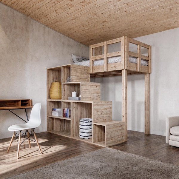 Plano de litera moderna: cama de madera contrachapada con escalera cúbica para almacenamiento.