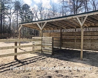 May include: A wooden shelter with a metal roof and a wooden fence in front. The shelter has a slatted wooden wall at the back and a gate on the right side. The text "Fences are not included in the drawings" is visible at the bottom of the image.