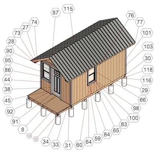 May include: A 3D isometric drawing of a small house with a gray roof and a wooden exterior. The house is on a foundation with six supports. The drawing is labeled with numbers.