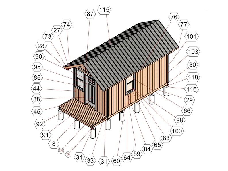 May include: A 3D isometric drawing of a small house with a gray roof and a wooden exterior. The house is on a foundation with six supports. The drawing is labeled with numbers.