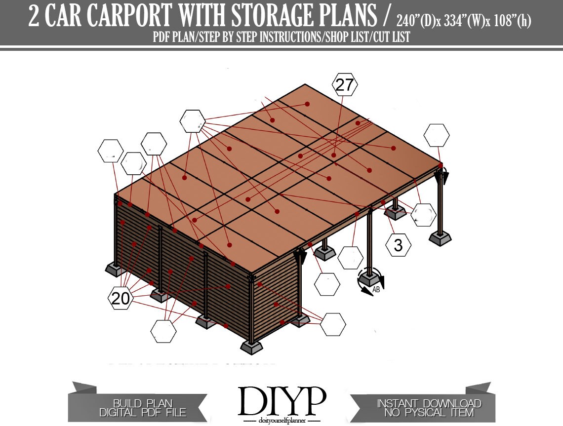 Two Car Carport With Storage Plan Carport Shed Build a Etsy Canada