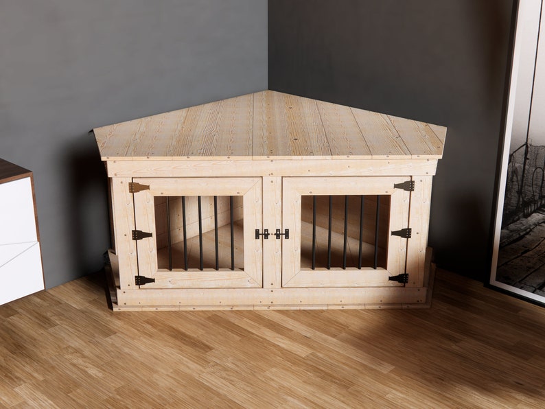 Corner Dog Crate for diy woodworking plan Dog Furniture Build own Easy and Cheap dog crate image 4