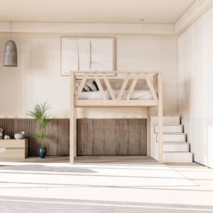 May include: A wooden loft bed with a white mattress and a ladder. The bed is in a room with white walls and a wooden floor. There is a plant in a blue pot on the floor.