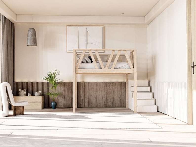 May include: A wooden loft bed with a white mattress and a ladder. The bed is in a room with white walls and a wooden floor. There is a plant in a blue pot on the floor.