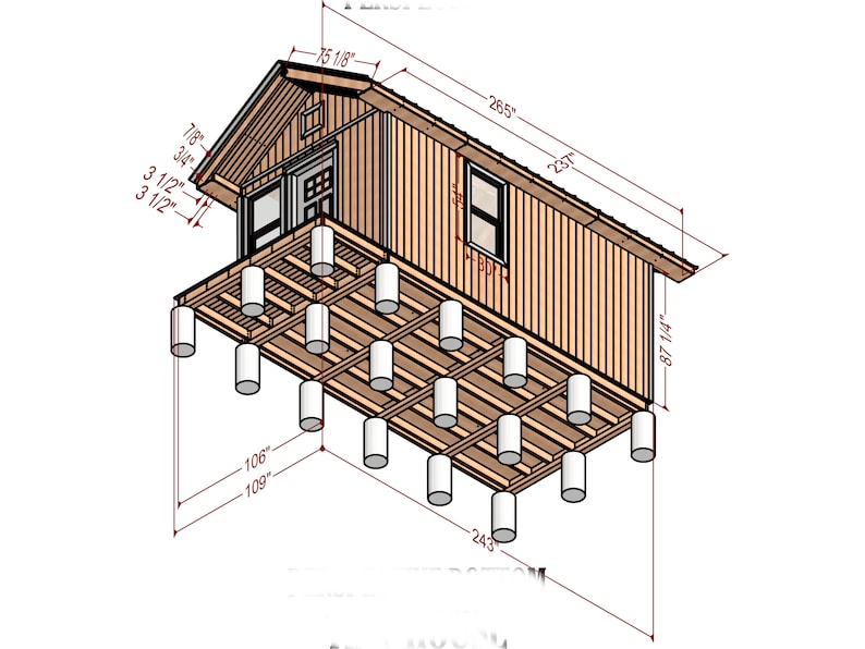 May include: A line drawing of a wooden cabin with a gabled roof and a small window. The cabin is raised on concrete piers and has a wooden deck. The drawing includes measurements in inches.