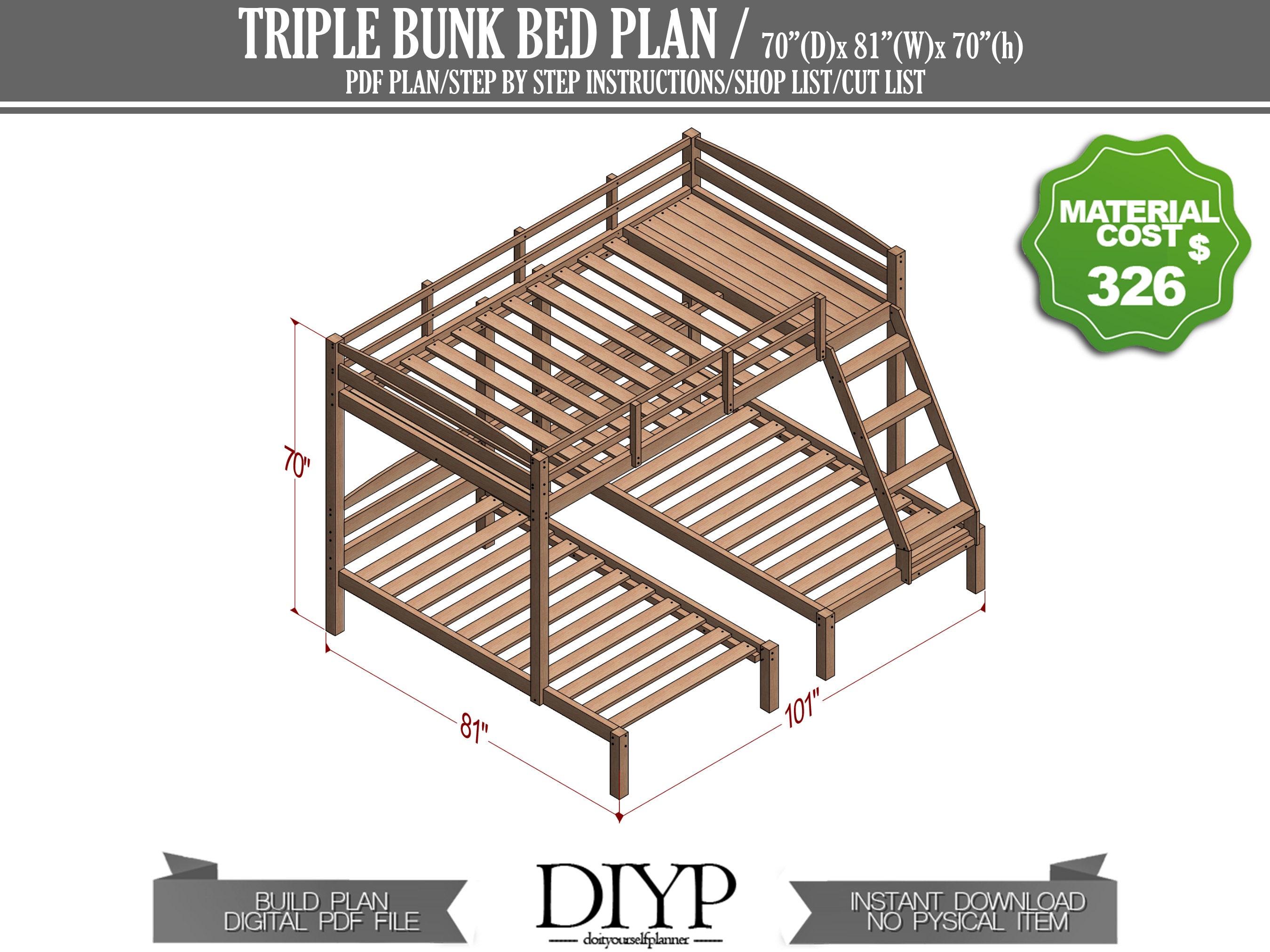 Wooden Triple Bunk Bed Plans Full Over 2 Twin Bunk Bed for Etsy