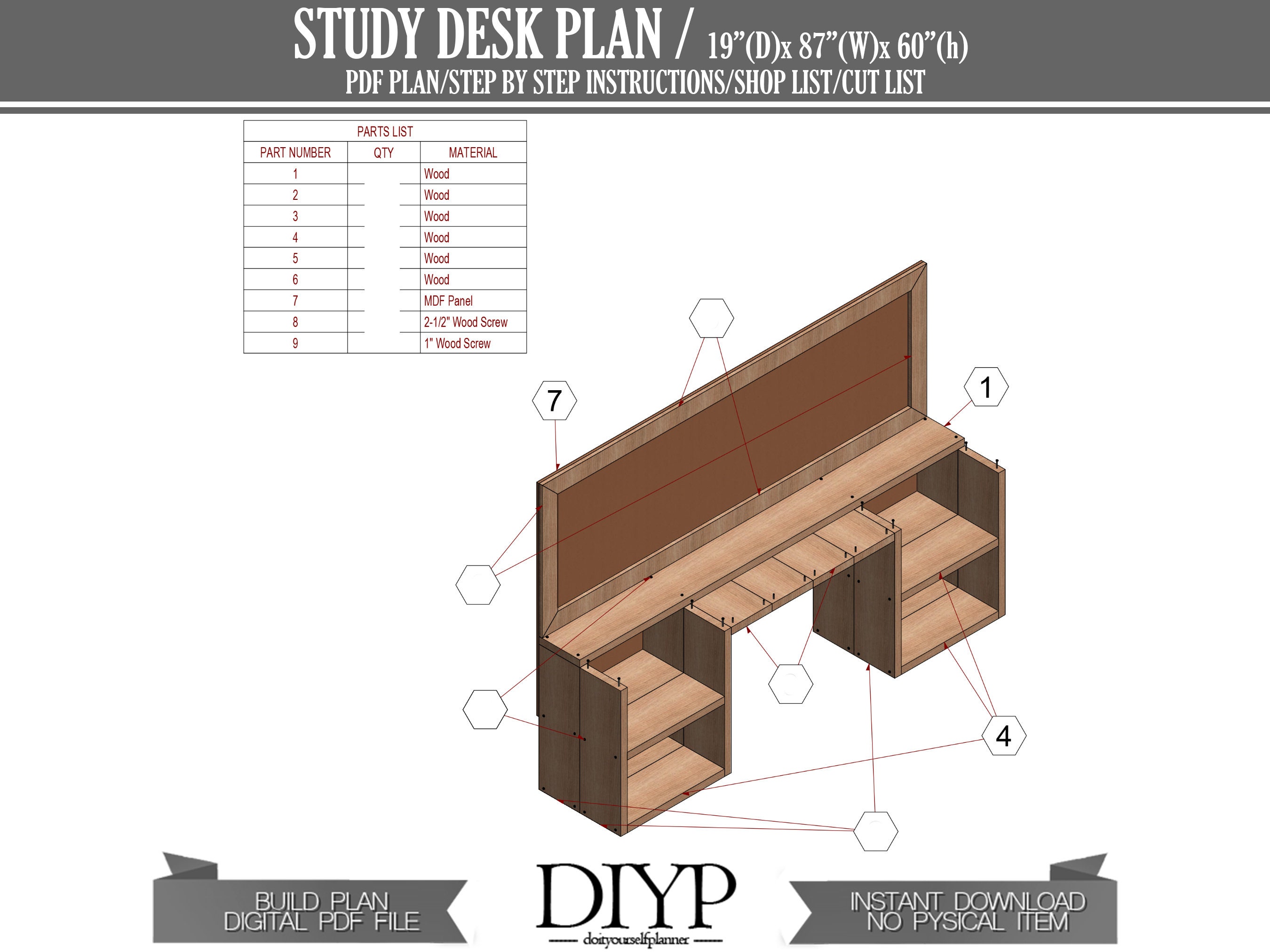 Diy Build PDF Plan for Wooden Study Table Build Your Own - Etsy