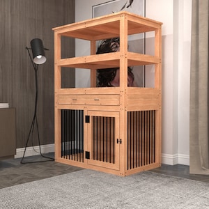 Large single dog kennel with shelves plan, dog bed with cupboard, dog crate with storage units image 2