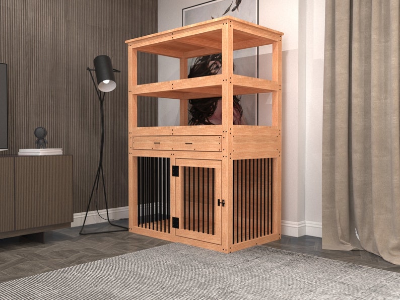 Large single dog kennel with shelves plan, dog bed with cupboard, dog crate with storage units image 2