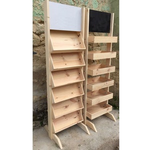 Product Display rack plan, Wooden wine bottle rack with chalkboard build plans, Display stand plans for greengrocery