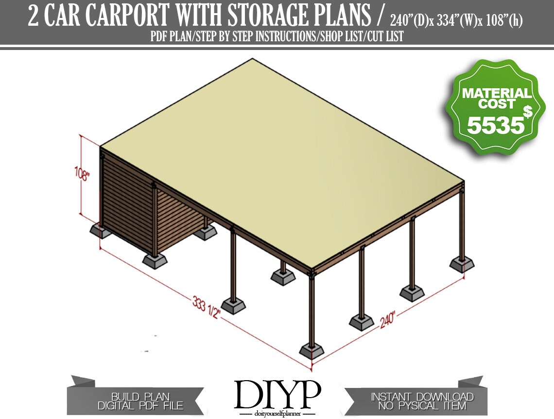 Two Car Carport With Storage Plan Carport Shed Build a Etsy Canada