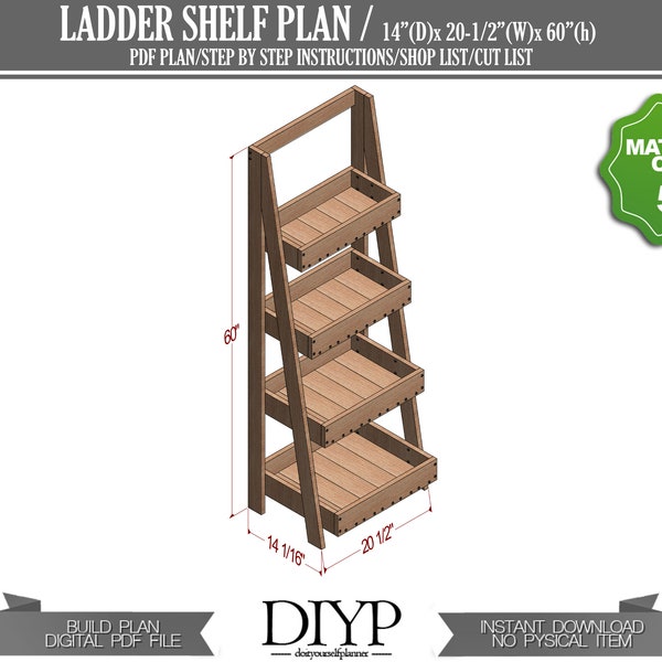 Plans de construction PDF numériques pour étagère échelle en bois - Plans de menuiserie