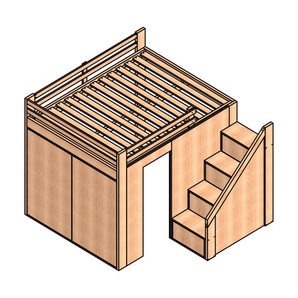 DIY Queen Size Bunk Bed with Closet Plans - Woodworking Blueprint