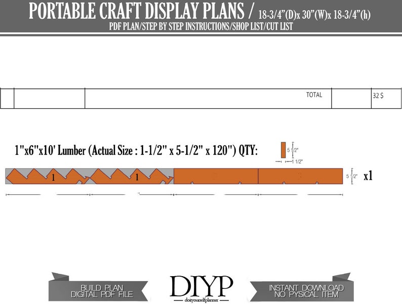 Puede incluir: Un plan digital PDF para construir un expositor de artesan&iacute;a port&aacute;til. El plan incluye una lista de corte e instrucciones paso a paso. El expositor tiene 47,6 cm de profundidad, 76,2 cm de ancho y 47,6 cm de alto. El plan requiere una pieza de madera de 2,5x15,2x304,8 cm.