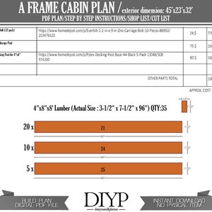 May include: A-frame cabin plan with exterior dimensions of 45'x23'x32'. The plan includes a shop list, cut list, and step-by-step instructions. It features lumber dimensions of 3-1/2" x 7-1/2" x 96" and a quantity of 35. The plan is available as a digital PDF file.