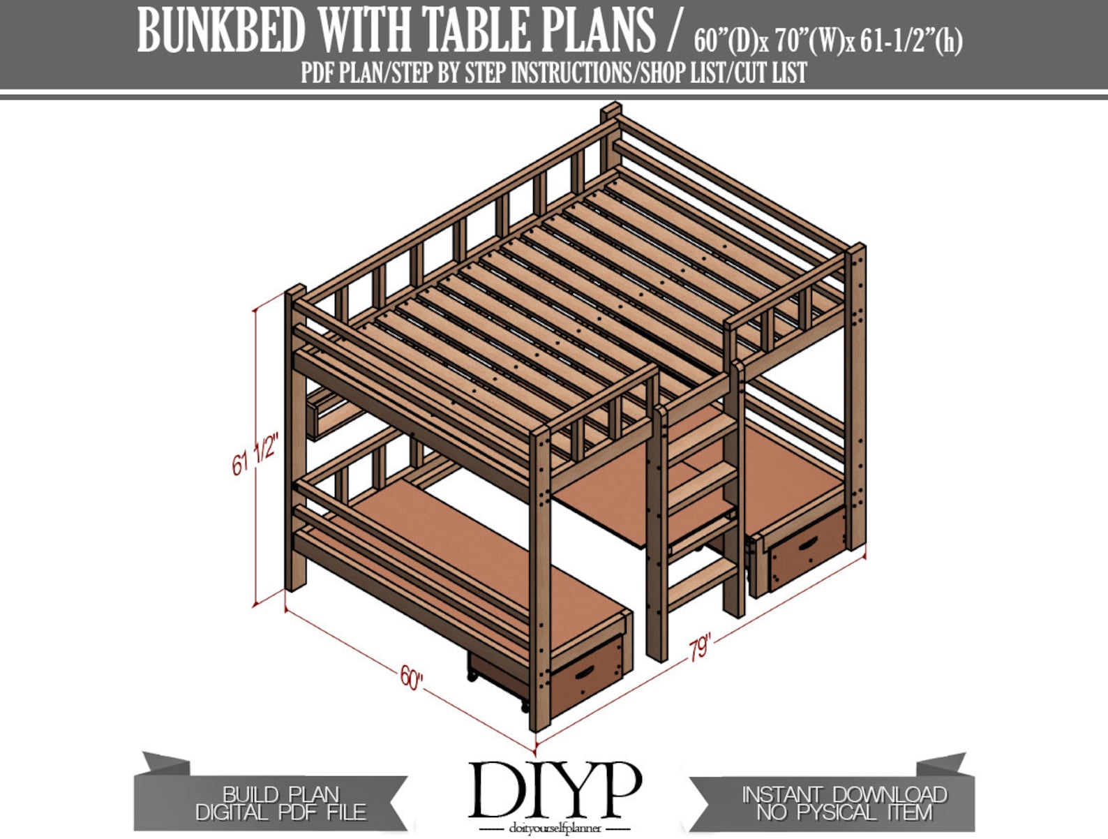Bunk Bed With Desk Plans Full Size Loft Bed Multifunctional Etsy