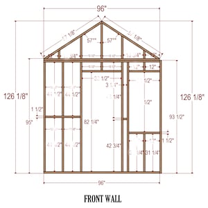 May include: A diagram of a front wall for a building, showing the framing and measurements in inches. The wall is 96 inches wide and 126 1/8 inches tall.