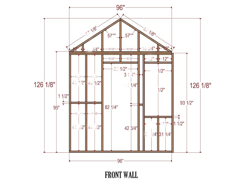 May include: A diagram of a front wall for a building, showing the framing and measurements in inches. The wall is 96 inches wide and 126 1/8 inches tall.