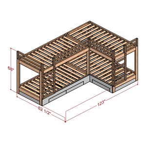 May include: A wooden bunk bed with a unique L-shaped design. The bed is 68 inches tall, 82 1/2 inches wide, and 123 inches long.