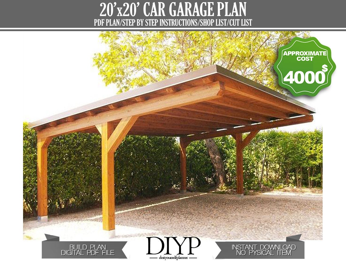 20'x20' Carport Plans DIY Wooden Car Garage Download Printable PDF