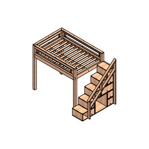 Puede incluir: Una cama litera de madera con una escalera incorporada y estantes de almacenamiento. El marco de la cama est&aacute; hecho de madera natural y tiene una cabecera y un piecero de listones. La escalera tiene cinco pelda&ntilde;os y est&aacute; unida al lado de la cama. Los estantes de almacenamiento est&aacute;n ubicados debajo de la escalera y tienen tres estantes.