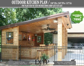 20x20 Outdoor Kitchen Plans , Patio Kitchen , Open-Air Kitchen , Outdoor Dining Patio , Backyard Party Pavilion - Outdoor Bar